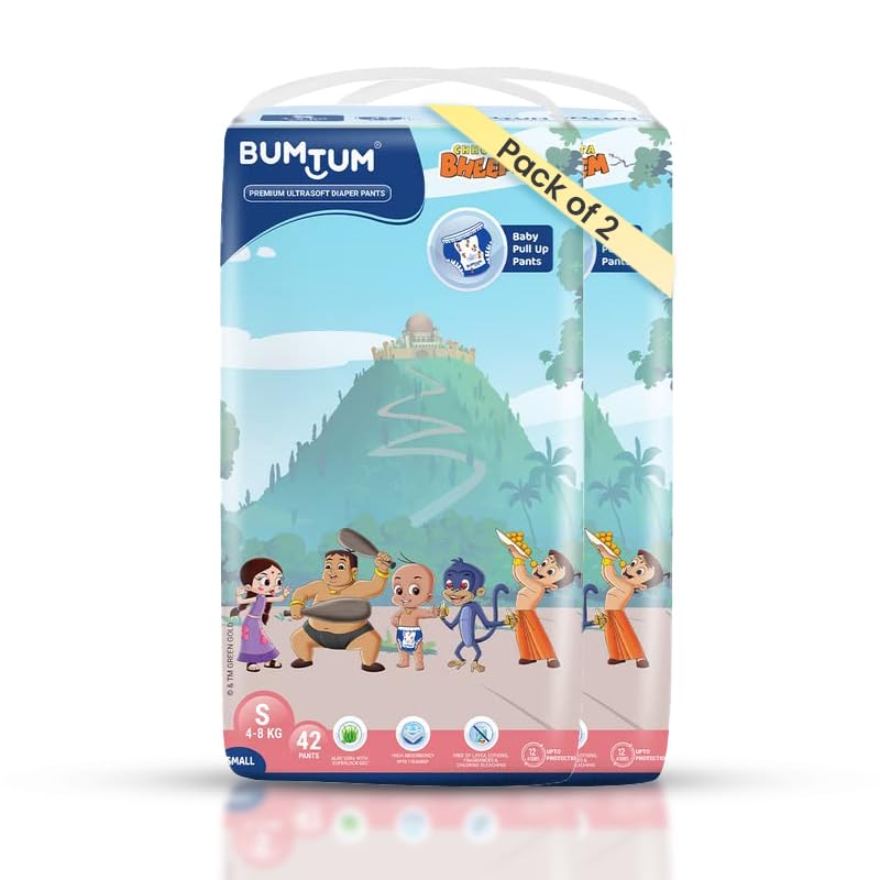 Image of Bumtum Chota Bheem Small Baby Diaper Pants, 84 Count, Leakage Protection Infused With Aloe Vera, Cottony Soft High Absorb Technology (Pack of 2)