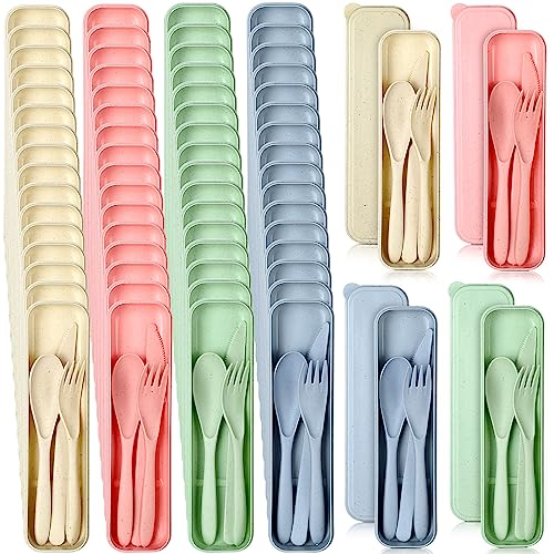Jinei 50 Sets Wheat Straw Utensils Reusable Travel Utensils Set with Case Portable Spoon Knife Forks Dinnerware Eco Friendly Cutlery for Kids Adults Camping