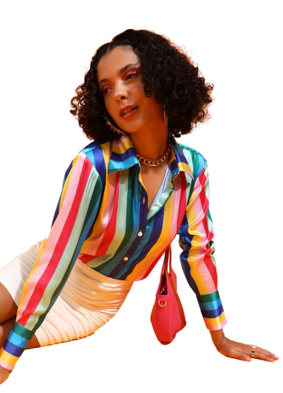 Image of POPWINGS Printed Full-Sleeves Regular-Fit Satin Printed Shirt for Women Stylish Western Casual Wear