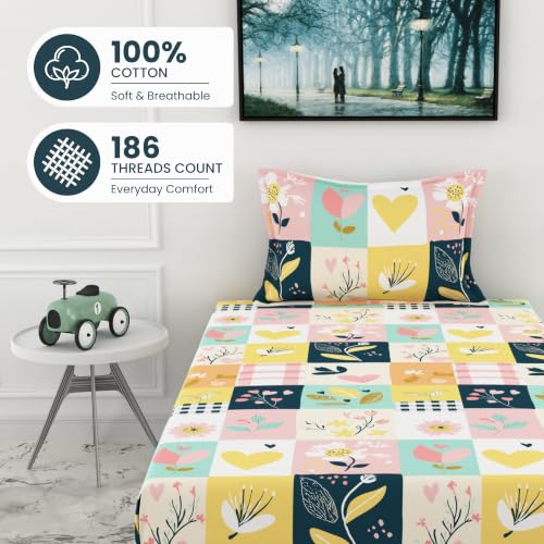 Image of LORETO - A QUALITY LINEN BRAND 186 TC 100% Pure Cotton Single Fitted Bedsheet with 1 Pillow Cover for 78 x 36 Inch Mattress, All-Around Elastic, 8 Inch Deep Pocket, Pastel Garden