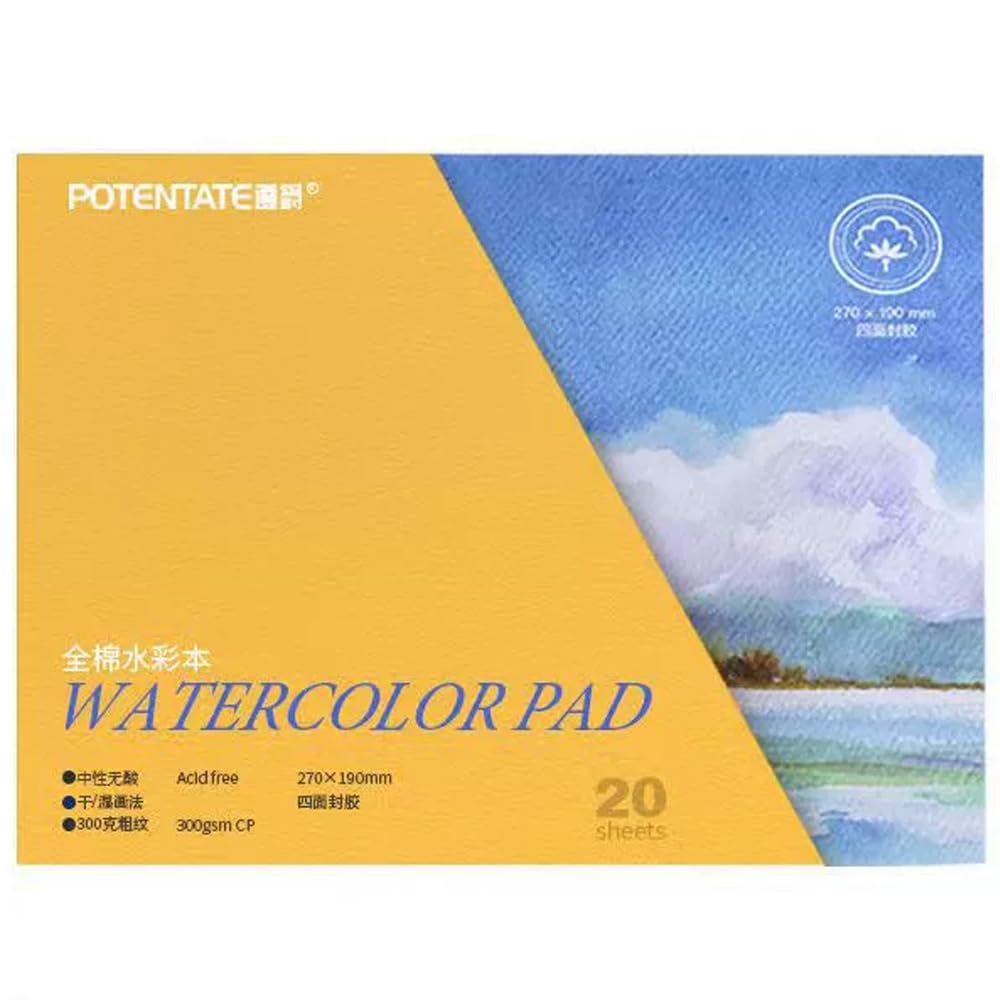 Potentate Baumwoll-Aquarellpapierblock, strukturierte Oberfläche, Aquarellpapierblock, 300 g/m², 20 Blatt zum Malen und Zeichnen, nasses, gemischtes Künstler-Malbuch (raue Körnung)