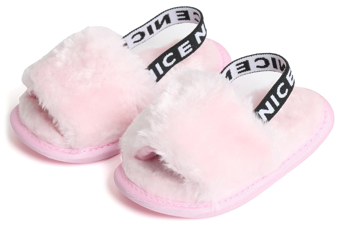 QIETION Girl's Soft Plush Lightweight House Slippers Non Slip Cross Band Slip on Open Toe Cozy Indoor Outdoor Slippers X102 Pink 13CM