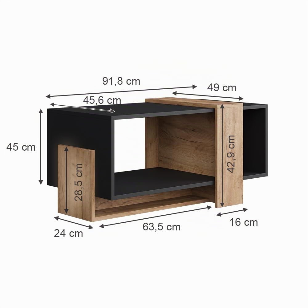 Vicco Couchtisch Aven, Anthrazit/Goldkraft Eiche, 91.8 x 49 cm | mit offener Ablagefläche zur Aufbewahrung von Alltagsgegenständen