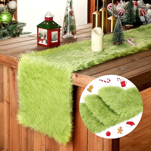 Hahafelt Christmas Table Runner Green Christmas Faux Fur Table Runner