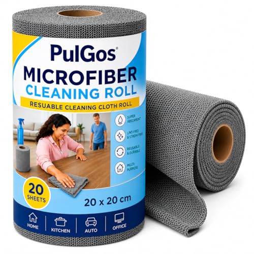 Image of PulGos 20pcs Microfiber Cleaning Cloth Roll- 20x20cm |𝟒𝟎𝟎𝟎 𝐓𝐢𝐦𝐞𝐬 Washable - Cheaper Than Regular Clothes |Ultra Absorbent Lint Free Towels for Kitchen, Home, Car & Auto - Tear able, Reusable