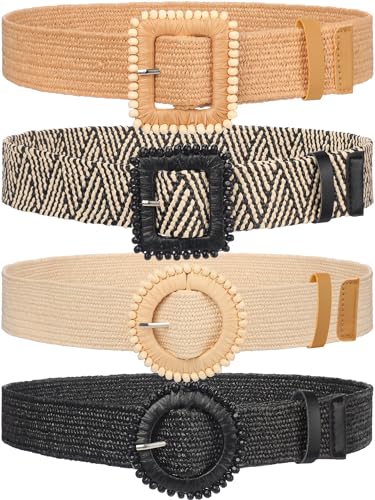Image of WILLBOND 4 Pcs Women's Elastic Raffia Woven Belt, Boho Rattan Buckle Stretch Straw Wide Waist Belt for Dresses Jeans Pants