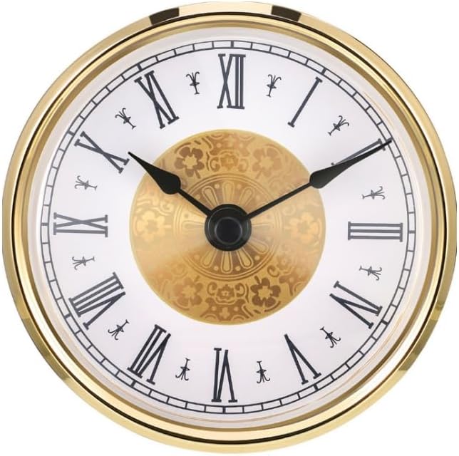 Clock Insert, Round Easy To Read Movement, Fits 3.0 Inch (76mm) Diameter Hole for Home and Bedroom (Gold Rim Roman)