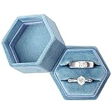 DesignSter Hexagon Velvet Ring Bearer Box - Premium Gorgeous Vintage Double Ring Display Holder with Detachable Lid for Proposal, Engagement, Wedding, Ceremony (Dark Blue)