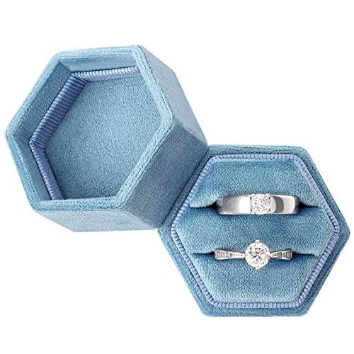 Designster Hexagon Velvet Ring Bearer Box - Premium Gorgeous Vintage Double Ring Display Holder With Detachable Lid For Proposal, Engagement, Wedding, Ceremony (Dark Blue) #TOP20