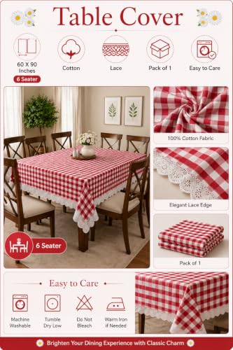 Image of Amazon Brand - Umi Cotton Tablecloth for 6-8 Seater Dining Table, Red and White Gingham Check Rectangular Table Cover with Lace Trim 4 Corners, Classic Picnic Farmhouse Style Washable Table Linen