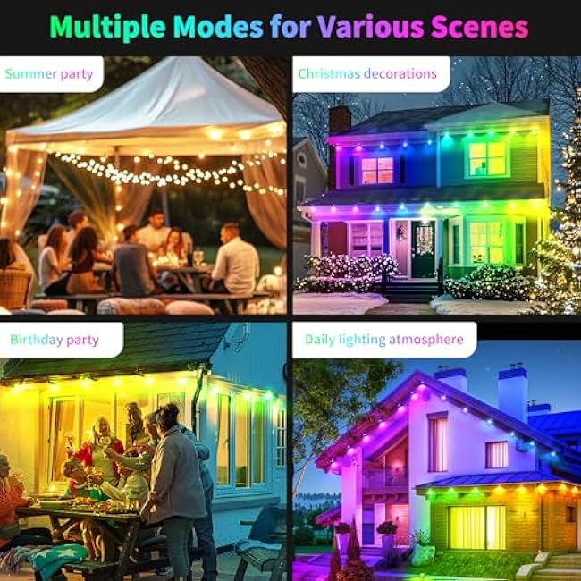 50ft Permanent Outdoor RGB Lights with App Smart LED String Light Remote Control Outdoor Hanging Party Light Waterproof Color Changing Outside Lights for Yard Holiday Christmas House Roof Patio