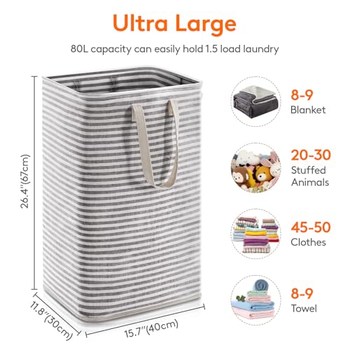 Image of Lifewit 1 Pack Laundry Basket 80L Each, Collapsible Clothes Hamper with Reinforced Handles, Freestanding Waterproof Design for Bedroom and Laundry Room, Black 80L Total