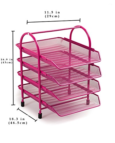 Klickpick Office 4 Tier Heavy Duty Metal Desktop Letter Tray File Organizer Sorter Desk Document Organizer Shelf Tray Magazine Holder Paper File Newspaper Organizer Tray - Pink
