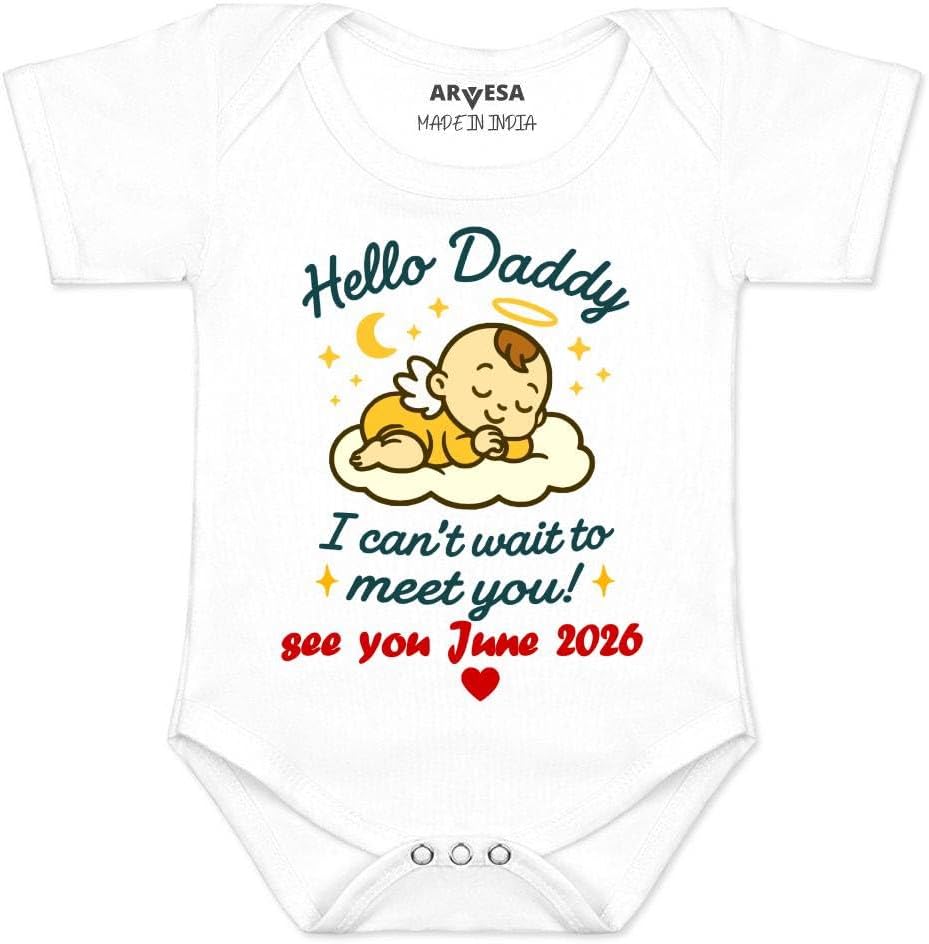 Customized Hello Daddy I can't Wait To Meet You R-1871 Pregnancy Announcement Homecoming Bodysuit, Sleepsuits, Rompers For New Born Baby Clothes Newborn Infant Customised Outfit