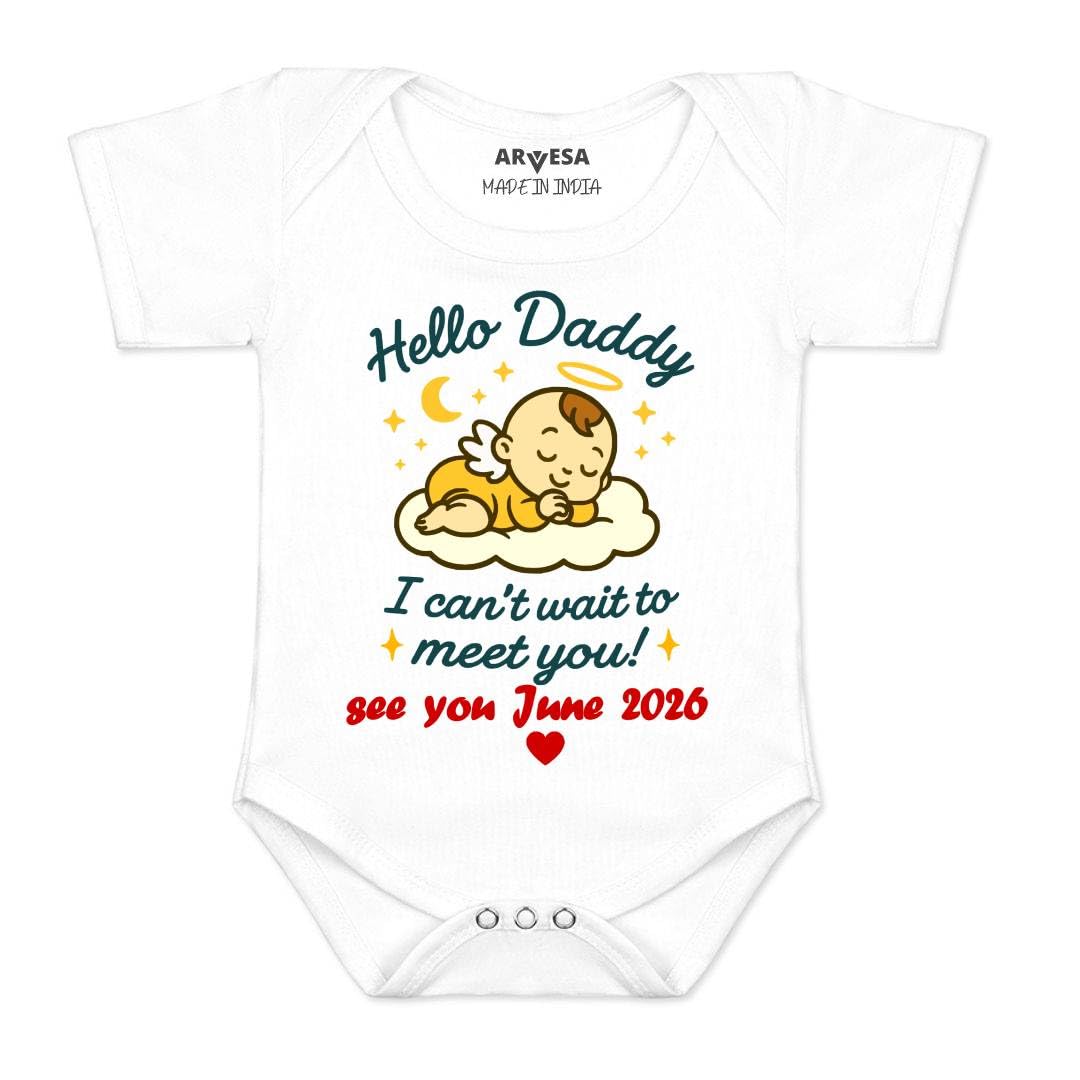 Customized Hello Daddy I can't Wait To Meet You R-1871 Pregnancy Announcement Homecoming Bodysuit, Sleepsuits, Rompers For New Born Baby Clothes Newborn Infant Customised Outfit