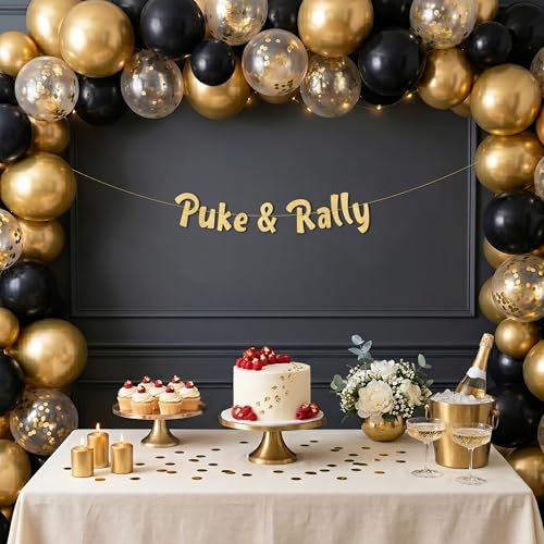 Image of Pre-Strung Puke & Rally Gold Glitter Banner - Funny Bachelorette Party Decorations for Her - Party Supplies, Favors and Gifts