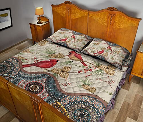 Red Cardinal Birds Floral Mandala Quilt Blanket & Pillowcases, Quilts Bedding Set & Pillow Cover, King Queen Double Twin Throw Full Size Bedspread Bed Sets #TOP3