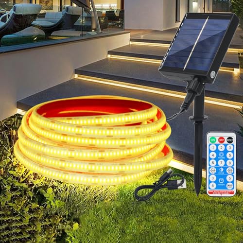 Wisada 12V Solar COB LED Streifen Selbstklebend, 5m 320LEDs/m Superheller Warmweiß COB LED Strip Cuttable LED Band，8 Modi Lichtband Außen IP68 Lichterkette Mit Fernbedienung für Terrasse, Innenhof