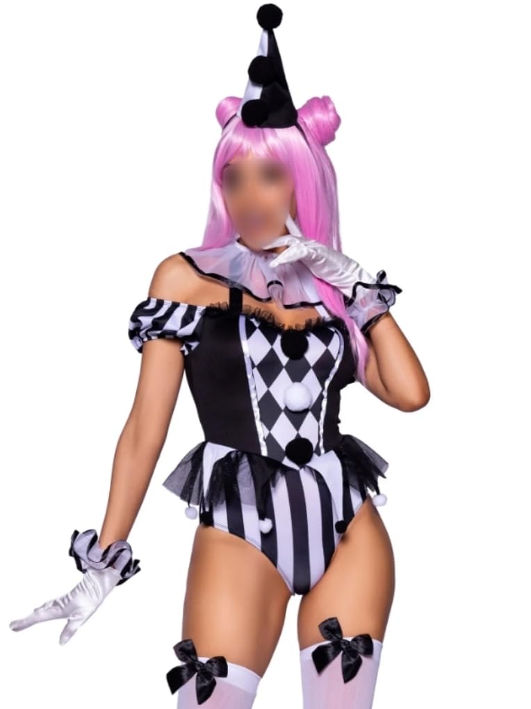 Feclmiyt Womens Deadly Darling Clown Costume Harlequin Off Shoulder Ruffle Hem Shorts Jumpsuit 5 Pcs Circus Clown Halloween Bodysuit Costume (D-1, S)