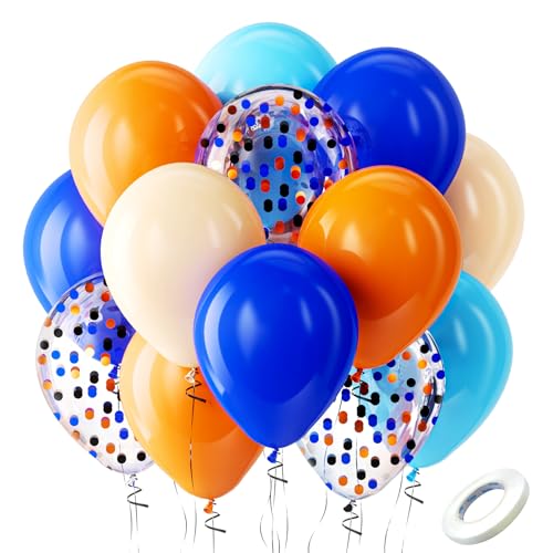 Image of Bezente Blue and Orange Party Latex Balloons Kit 60pcs 12-in with 1 ribbon | Light Royal Blue Nude Orange Confetti Helium Balloons for Kids Birthday Baby Boys Shower Anniversary Graduation Party Decor