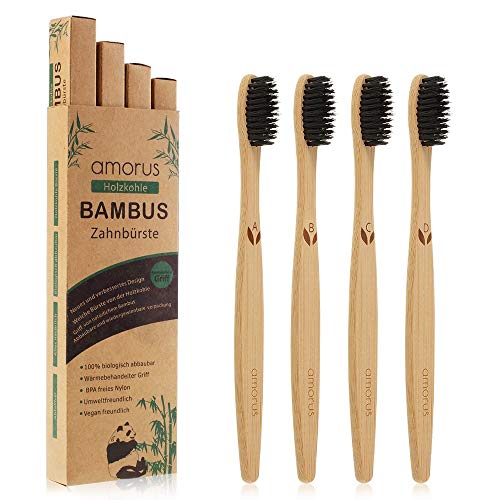 Lot de 4 Brosses à Dents en Bambou Biodégradable avec des Poils Doux Ergonomique et Vegan en Fibre de Charbon Végétal