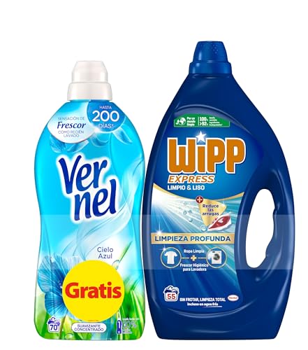 Wipp Express Detergente Líquido Limpio y Liso para lavadora 55 Lavados + 1 Vernel Suavizante Azul 70 Lavados GRATIS