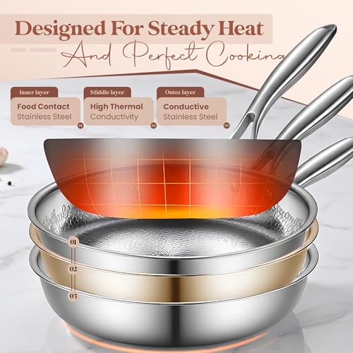 Image of Titanium Frying Pan, Hammered Non-Stick Skillet with Glass Lid & 4 Spatulas, PFAS /PFOA /PTFE-Free, Tri-Ply Stainless Steel, Induction & Oven Safe, Dishwasher Safe Cookware