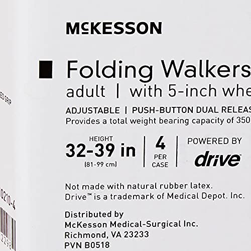 Mckesson Folding Walkers With Wheels, Aluminum, 32 In To 39 In, 350 Lbs Weight Capacity, 1 Count #TOP5