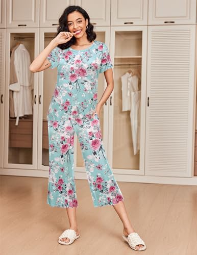 Image of Ekouaer 2 Pack: Women's Pajamas Set Short Sleeve Sleepwear Capri Pants Pjs Soft Loungewear with Pockets