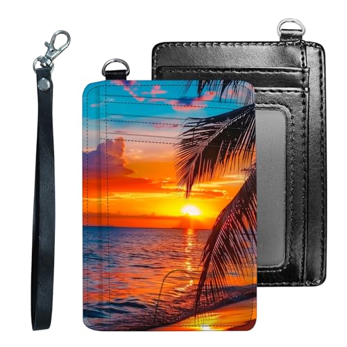 Credit Holder Slim Wallet, PU Leather RFID Blocking, Women & Men Front Pocket Small Card Holder, Credit Card Wallet with Wristlet, Convenient Travel Business, Seaside Sunset