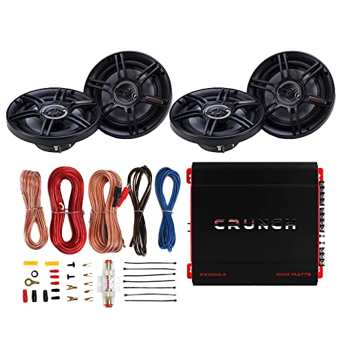 Crunch PX-1000.4 4 Channel 1000 Watt Amp A/B Class Car Stereo Power Amplifier with 300 Watt 3 Way CS Speakers 2 Pack and Soundstorm AKS8 8 Wiring Kit