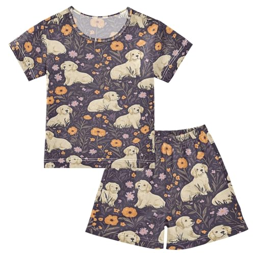 ALAZA Golden Puppy Dog Poppy Flower Pajamas Set Short Sleeve Cotton Sleepwear Summer Pjs 2 Piece 5-14Y