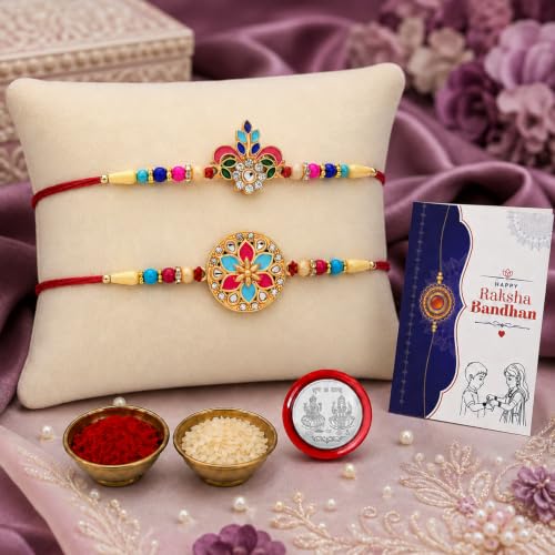 Image of Oblivion Rakhi Set for Brothers | Pack of 2 Peacock Floral & Round Meenakari Designer Rakhis with Roli Chawal, Shagun Coin & Greeting Card | Raksha Bandhan Gift Set