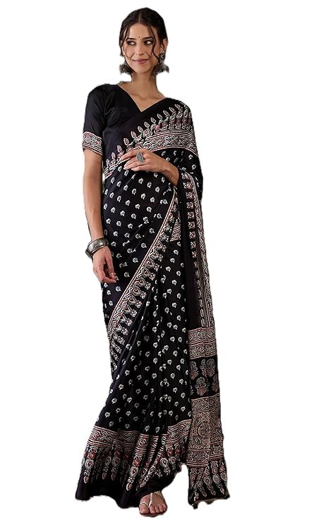 Image of SATIKA VASTRAM Modal Silk Ajrakh Saree Bandhani Design Crepe Printed Designer Pallu Attach Blouse Piece