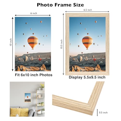 Image of JCJMY 6x10 Picture Frame Natural for Wall Hanging or Tabletop, Wall Mounting Horizontally or Vertically, 6 x 10 Wall Gallery Poster Photo Frame with Shatter Resistant Plexiglass, Natural