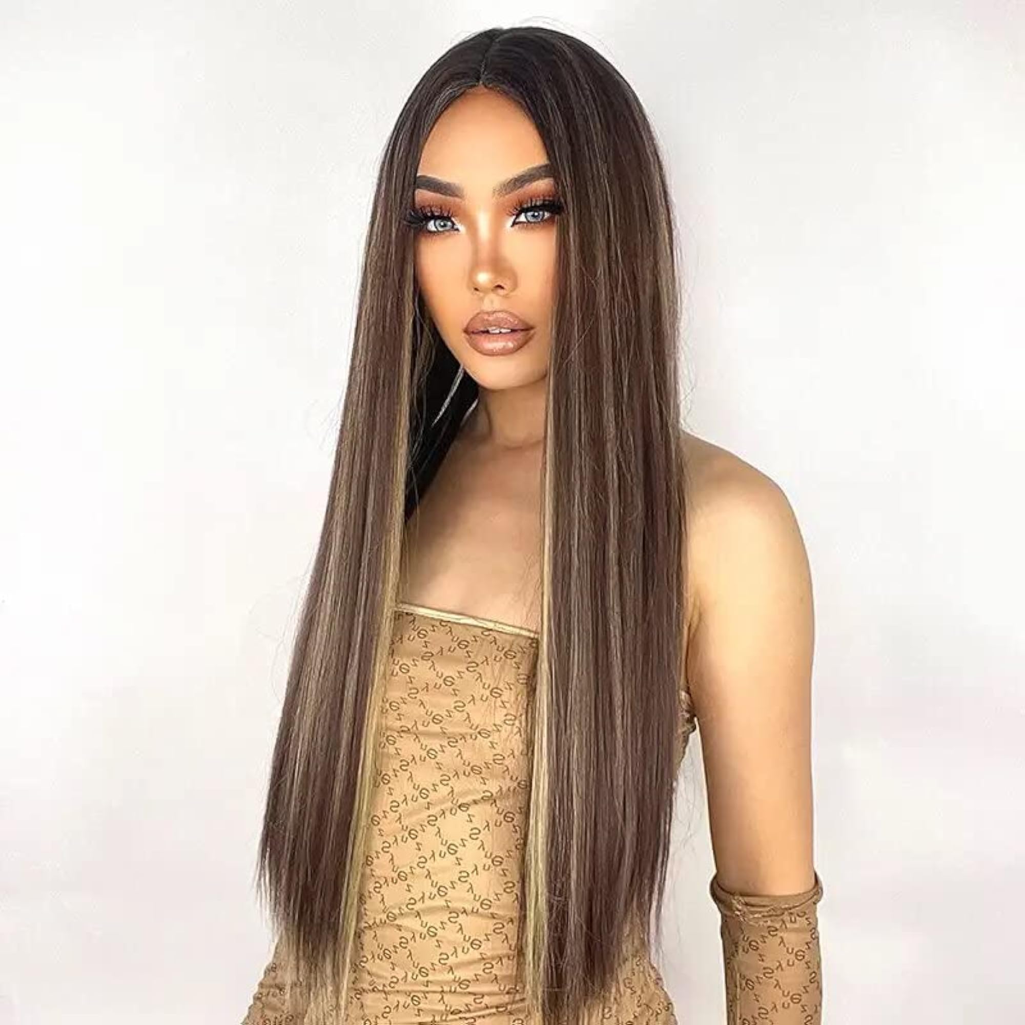 Women's Long Straight Brown & Blonde Highlight Synthetic Wig