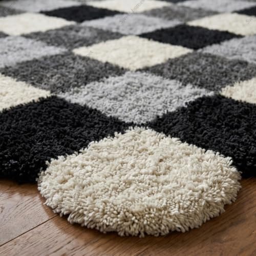 Image of SWEET HOMES Luxury Abstract Shag Rug, Thick Soft Square Area Carpet for Living Room, Bedroom, 4 x 4 Feet (122 x 122 cm), Grey & Ivory