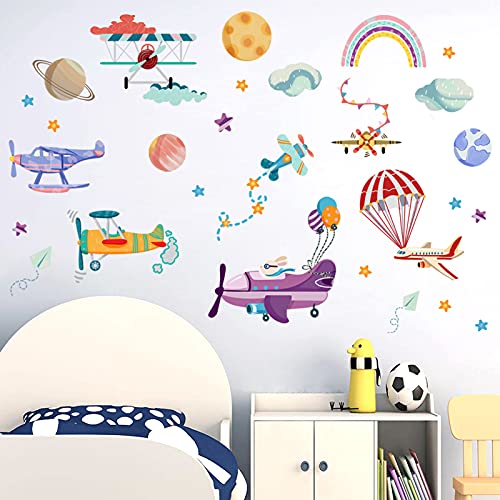 SMFANLIN Autocollants muraux amovibles pour chambre d'enfant Motif avion et montgolfière Multicolore Cover