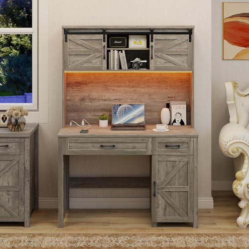 Vabches Farmhouse 47' Executive Desk, Computer Desk with 2 Drawers and Storage Cabinet, Home Office Desk with Hutch, Charging Hub & LED Lights, Workspace for Work and Study, Gray
