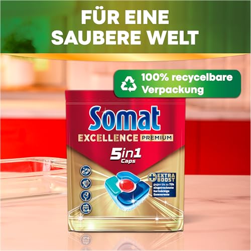 SOMAT Excellence Premium 5in1 Caps (75), schnellauflösende Spülmaschinentabs mit Extra Boost auch im Niedrigtemperatur-, Kurz- & Eco-Programm, entfernen selbst 72 h eingetrocknete Essensreste 5