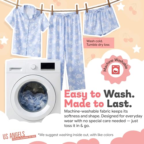 Image of US Angels Girls Pajama Set 3 Piece, Short Sleeve Button Down PJs with Shorts & Pants, Soft Sleepwear Girls & Tweens Size 5-16