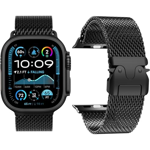 Bracelet Titane Milanais Compatible avec Apple Watch Ultra 2/Ultra 49mm 46mm 45mm 44mm 42mm(Series 3 2 1) Femmes Hommes, Boucle de Type Parachute, Bracelets en Métal pour iWatch 10 9 SE 8 7 6 5 4