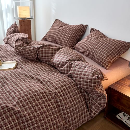 Image of EAVD Vintage Style Burgundy Gingham Duvet Cover Twin 100% Washed Cotton Like Linen Feel Soft Checkered Grid Plaid Bedding Set with 2 Pillowcases Farmhouse Grid Geometric Duvet Cover with Zipper