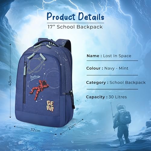 Image of Gear Lost In Space 17 inch /30L Large Water Resistant School Bag | Casual Backpack | Daypack | Travel Backpack | Kids Bag for Boys /Girls (Navy - Mint)