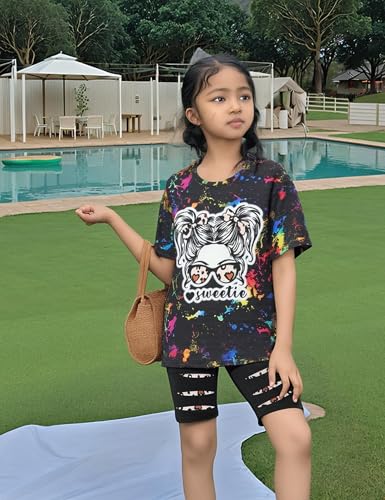Image of Girls Clothes Short Sleeve Tie Dye Top Shorts and Pants 2PCS Girls Summer Outfits Size 6-16