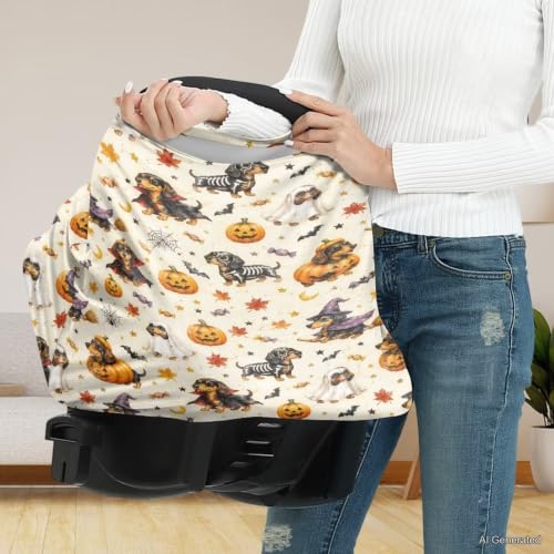 Image of Wanyint Stretchy Baby Car Seat Covers Carseat Canopy Baby Breastfeeding Stroller High Chair Shopping Cart Cover for Girls Boys Halloween Decor, Dachshund Pumpkin Ghost Bat