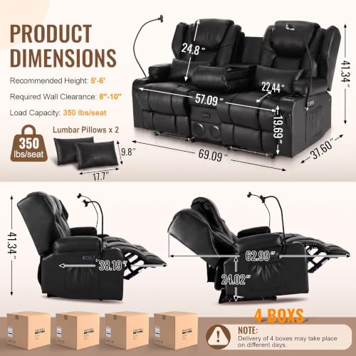 Image of Power Recliner Loveseat for Living Room, Loveseat Sofa with Center Console, USB Type-C Port, PU Leather Chair with Vibration Massage and Heat, Speaker Oversized Recliner Chair for Home Theater (Black)