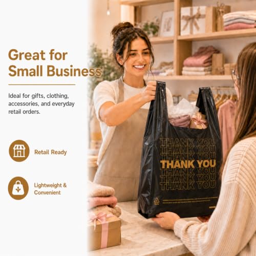 Image of YoYoRain 1000 Count Black Thank You T-Shirt Bags, 11 x 6 x 21 in