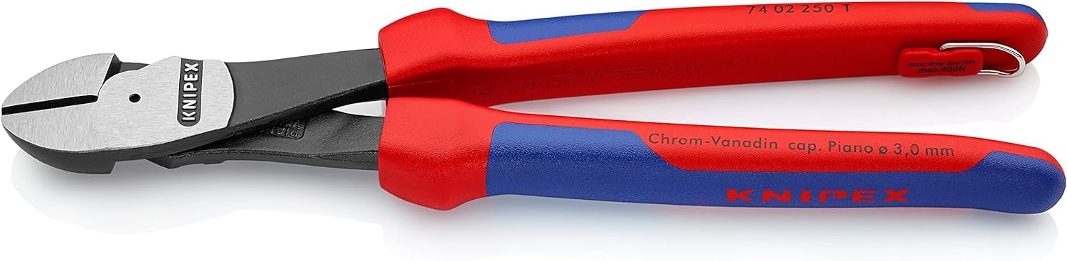 Knipex Alicates de corte diagonal de fuerza negro atramentado, integrada para colocar un dispositivo de protección anticaídas 250 mm (cartulina autoservicio/blíster) 74 02 250 T BK