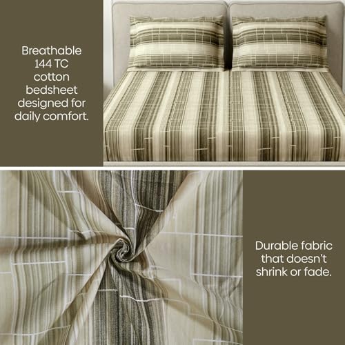 Image of haus & kinder Elastic Bedsheet for King Size Bed|144 TC Pure Cotton Elastic Fitted King Size Bedsheet with 2 Pillow Covers (72x78x10 Inches)-Green Linear Muse Green